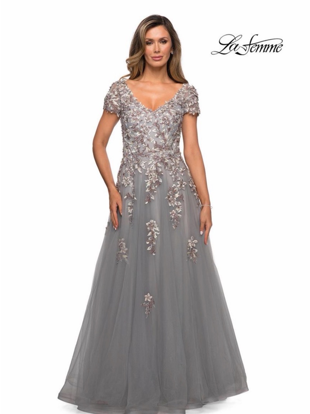 La Femme Silver Gray Embroidered V-Neck Tulle Maxi Gown